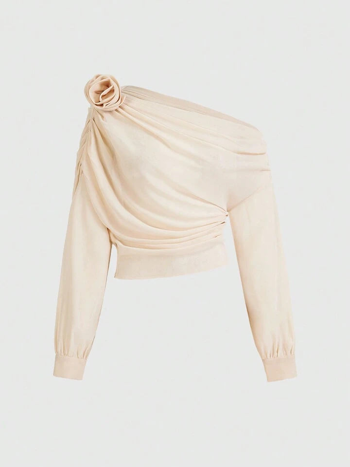 CM-TS340400 Women Elegant Seoul Style 3D Floral Open Shoulder Pleated Chiffon Shirt - Apricot