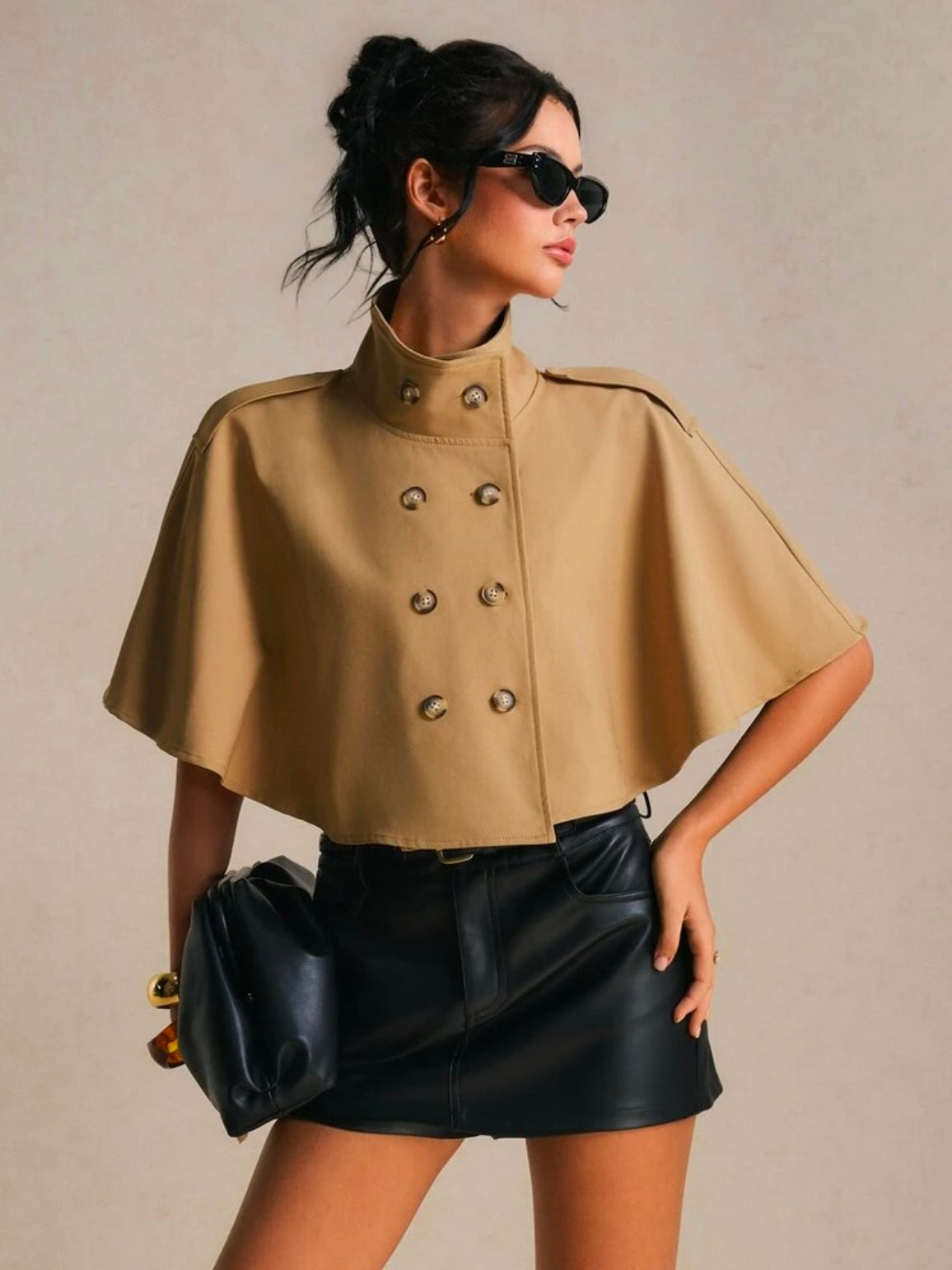 CM-CS799344 Women Elegant Seoul Style Short Sleeve Cropped Double Breasted Cape Trench Coat - Brown