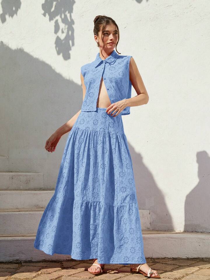 CM-SS287707 Women Casual Seoul Style Shirt Collar Sleeveless Loose Blouse With Ruched Maxi A-Line Skirt - Set