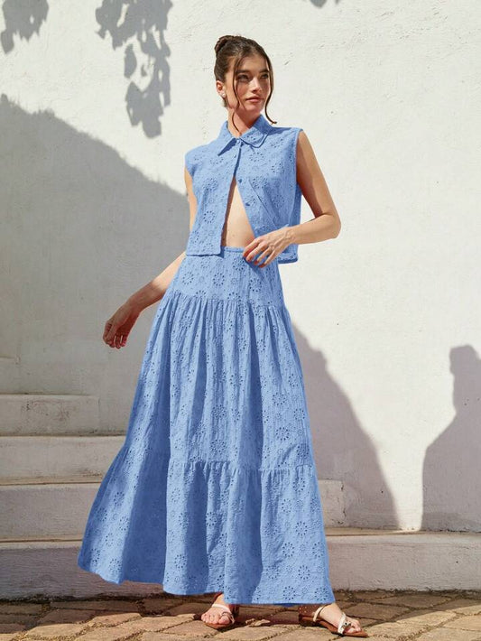 CM-SS287707 Women Casual Seoul Style Shirt Collar Sleeveless Loose Blouse With Ruched Maxi A-Line Skirt - Set