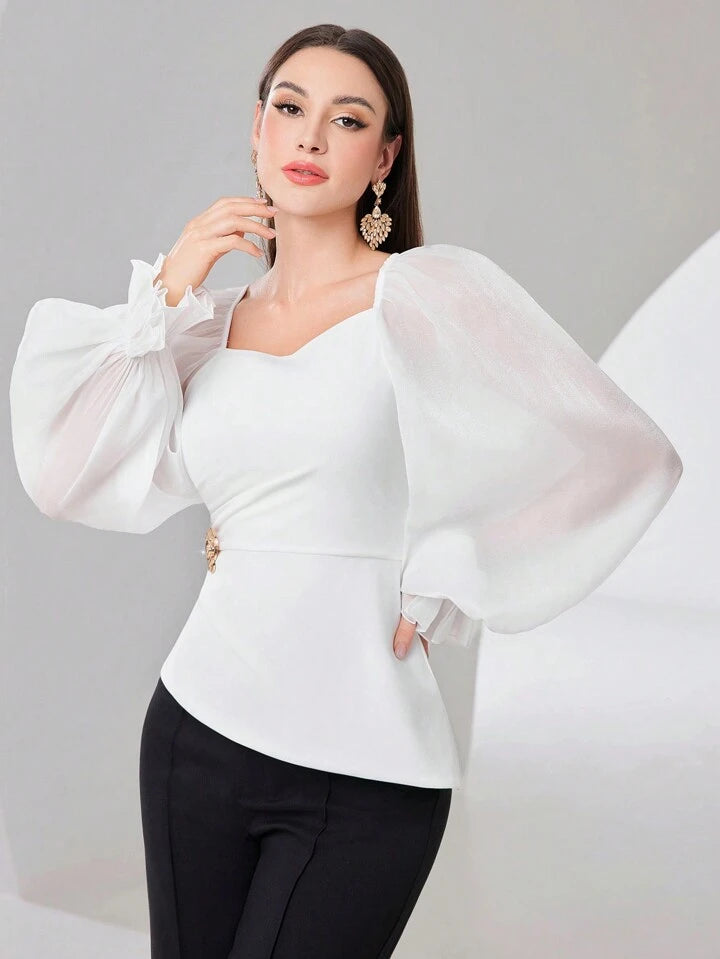 CM-TS953513 Women Elegant Seoul Style Mesh Panel Sweetheart Neck Long Sleeve Shirt