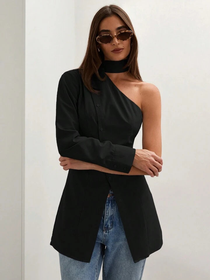 CM-TS888214 Women Casual Seoul Style Asymmetric Collar One Shoulder Long Sleeve Blouse - Black