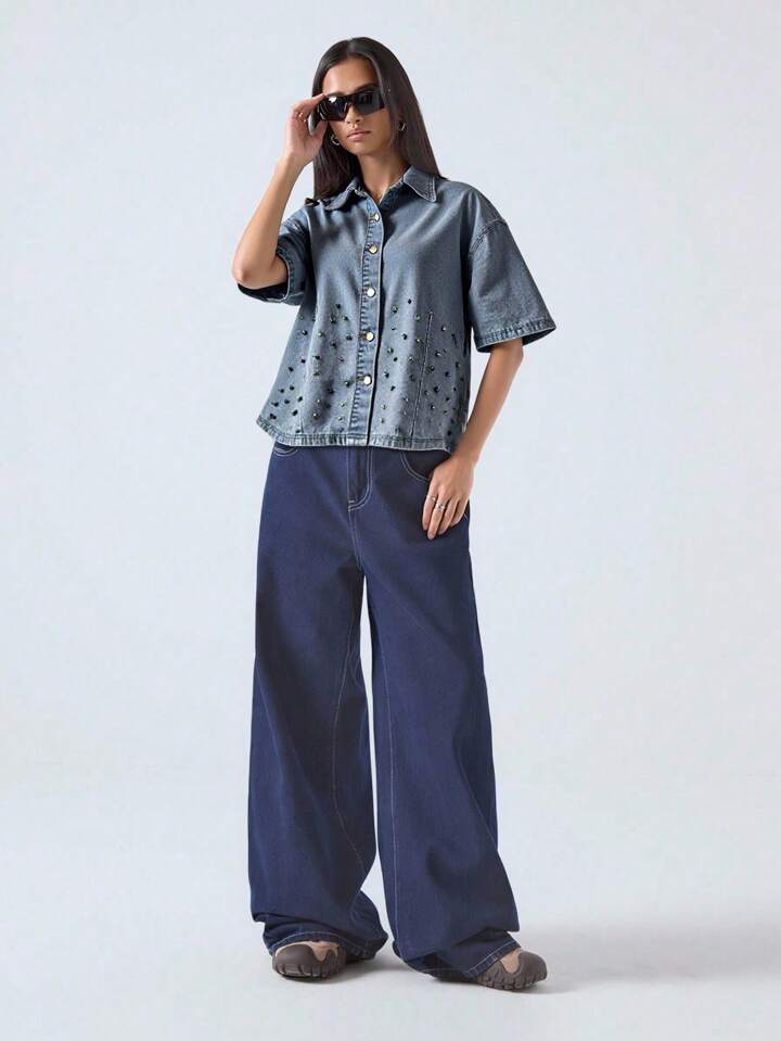 CM-TS285245 Women Casual Seoul Style Collar Neckline Short Sleeve Loose Button Pocket Rhinestone Denim Top - Blue
