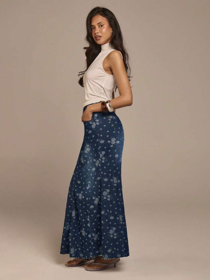 CM-BS732323 Women Casual Seoul Style Dark Wash High Waist Rose Jacquard Mermaid Maxi Denim Skirt