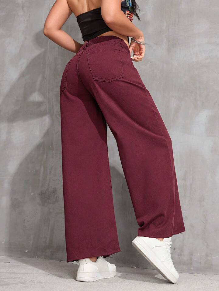 CM-BS311211 Women Casual Seoul Style Solid Color High Waist Wide Leg Jeans - Burgundy