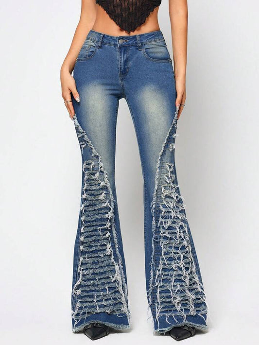 CM-BS609928 Women Casual Seoul Style Meidum Wash Drop Waist Slim Fit Extra Long Flare Jeans