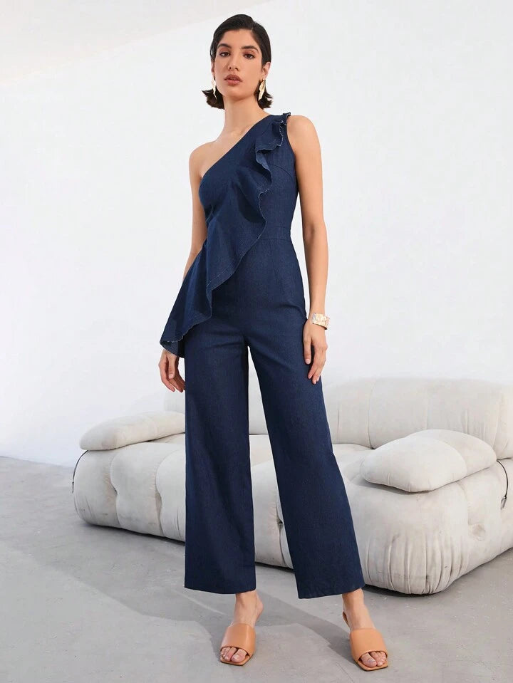 CM-JS438300 Women Elegant Seoul Style Ruffle Trim One Shoulder Sleeveless Jumpsuit