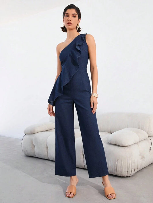 CM-JS438300 Women Elegant Seoul Style Ruffle Trim One Shoulder Sleeveless Jumpsuit