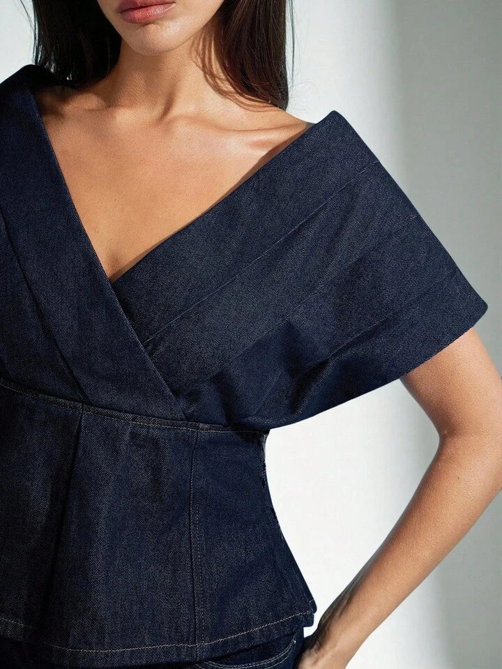 CM-TS395568 Women Elegant Seoul Style Dark Wash V-Neck Batwing Sleeve Pleated Off Shoulder Denim Top