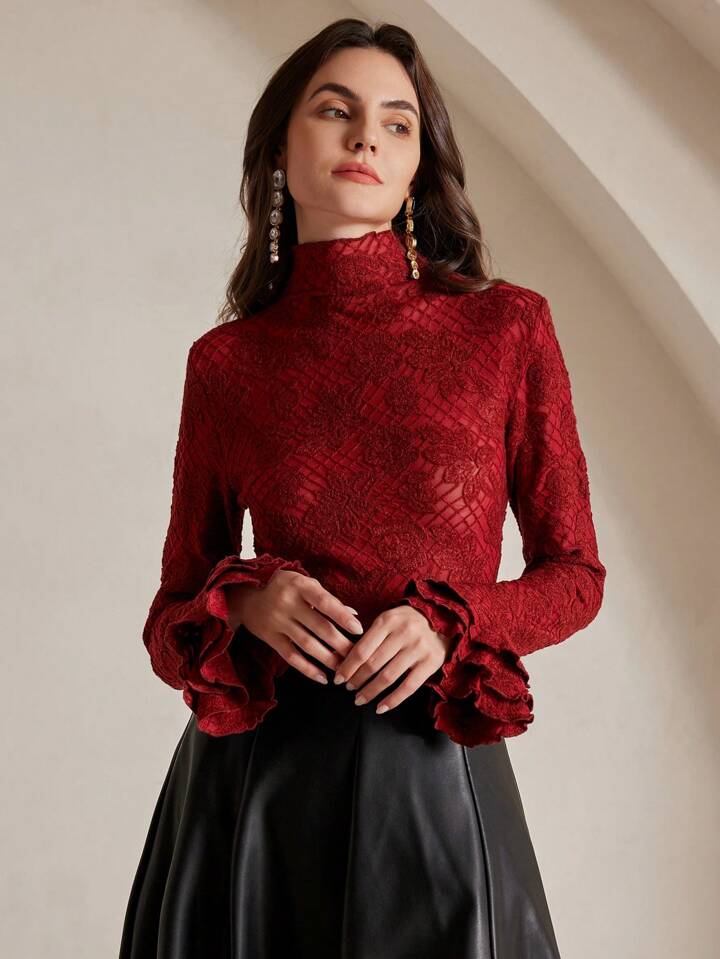 CM-TS428123 Women Elegant Seoul Style Stand Collar Long Sleeve Ruffle Cuff Fitted Crochet Blouse - Red