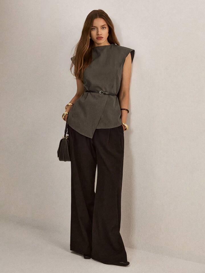 CM-TS980762 Women Elegant Seoul Style Stand Collar Sleeveless Asymmetric Hem Loose Blouse - Dark Green