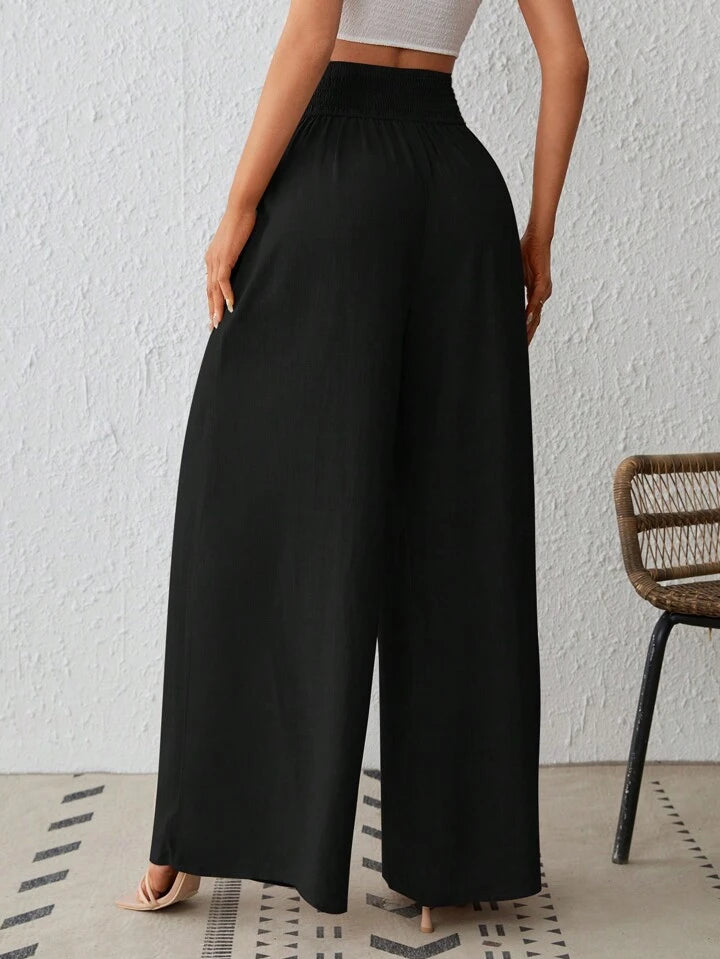 CM-BS134677 Women Trendy Bohemian Style Pleated Woven Wide-Leg Pants - Black