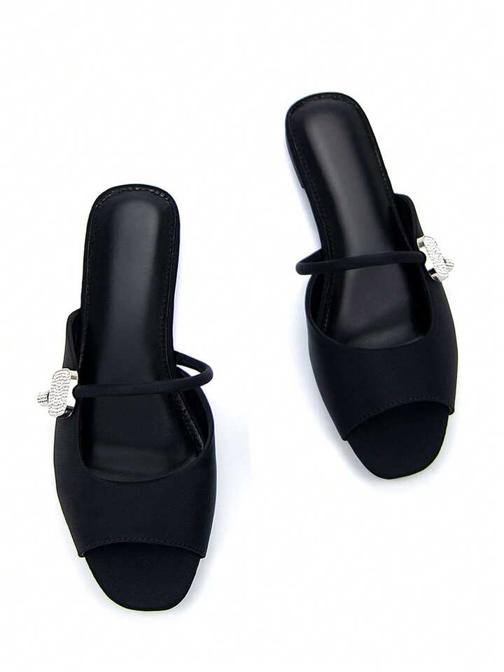 CM-SHS625557 Women Trendy Seoul Style Silver Crystal Embellished Ankle Strap Open Toe Flat Mule Sandals - Black
