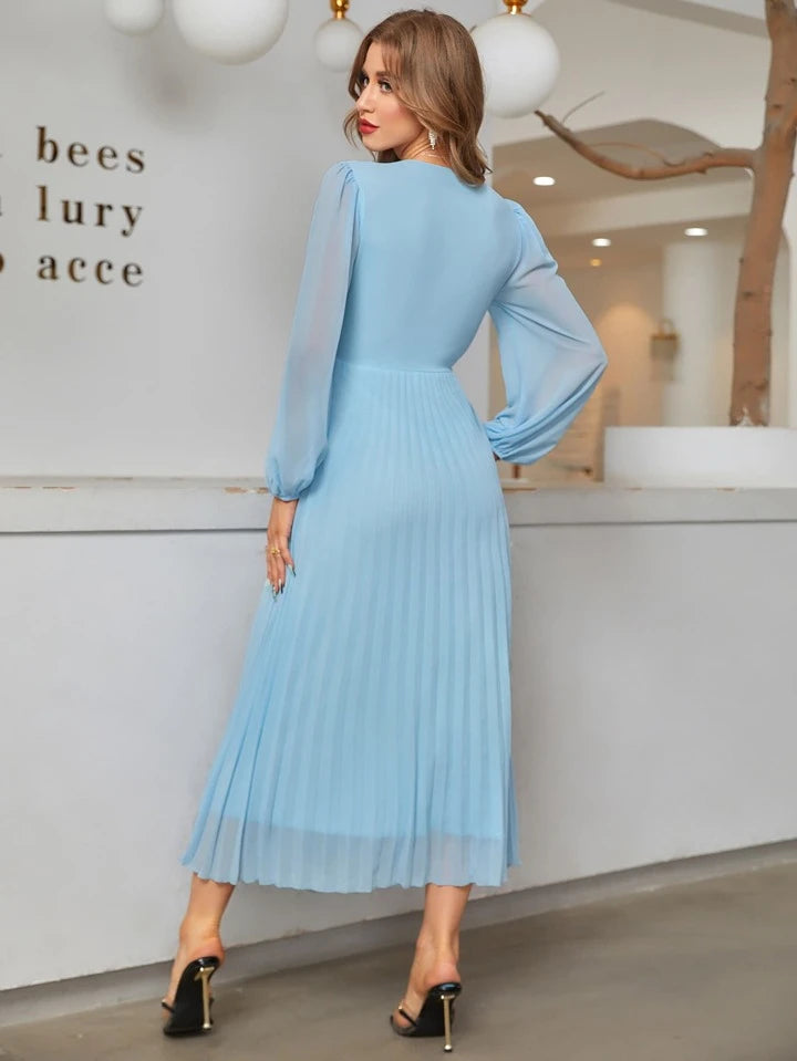 CM-DS934654 Women Elegant Seoul Style Surplice V-Neck High Waist Pleated Hem A-Line Dress - Baby Blue