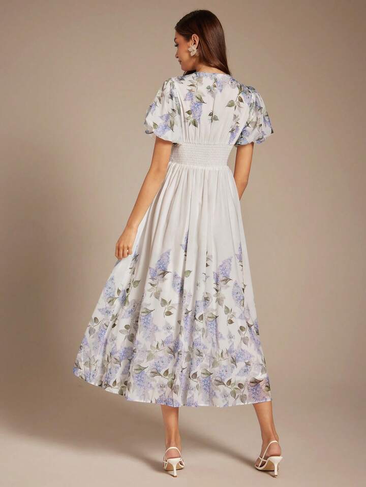CM-DS779200 Women Elegant Seoul Style Tropical Lavander Print V-Neck Puff Sleeve Waist Cinched Maxi Dress