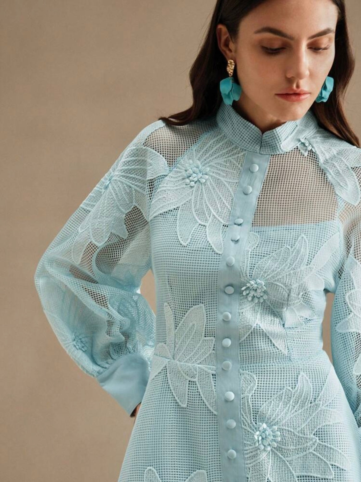 CM-DS852705 Women Elegant Seoul Style Collar Neckline Lace Cinched Waist Lantern Sleeve Dress - Baby Blue