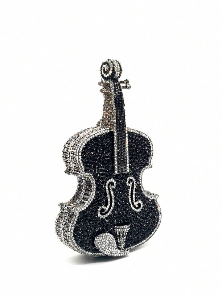 CM-BGS206420 Women Elegant Seoul Style Multicolor Crystal Violin Shape Cltuch Bag - Black