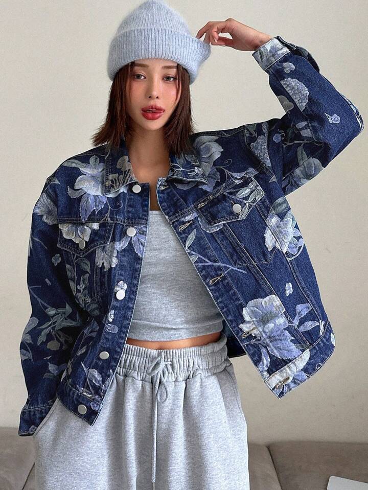 CM-CS547400 Women Casual Seoul Style Medium Wash Floral Printed Single Breasted Long Sleeve Denim Jacket