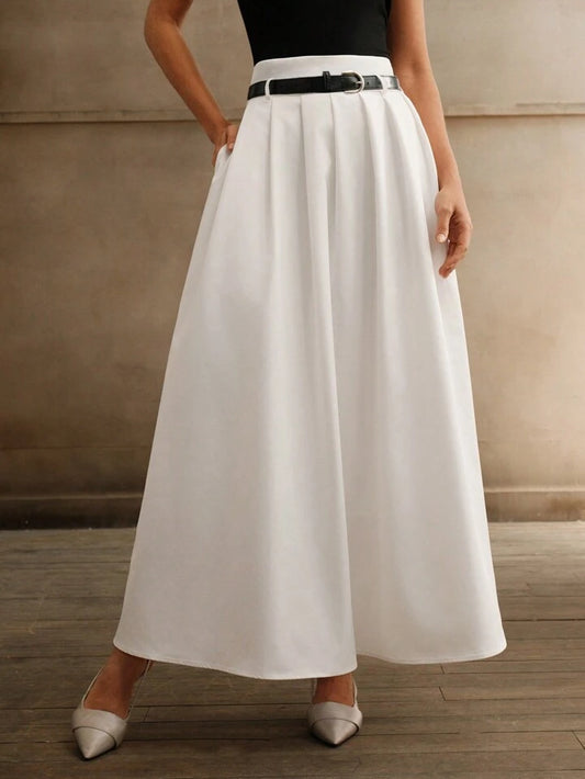 CM-BS004421 Women Elegant Seoul Style High Waist Pleated A-Line Skirt With Belt - White