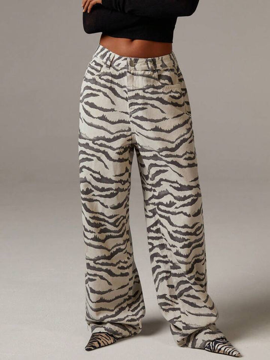 CM-BS140606 Women Casual Seoul Style Zebra Print High Waist Extra Long Wide Leg Jeans - Khaki