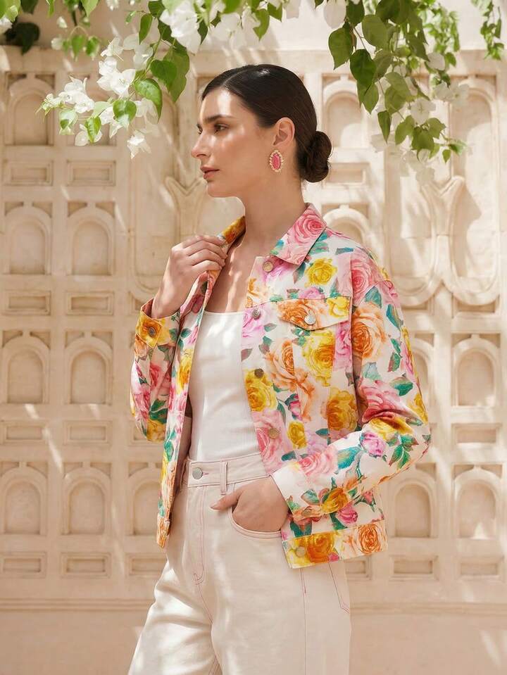 CM-CS615979 Women Casual Seoul Style Collar Neckline Long Sleeve Rose Floral Print Loose Denim Jacket