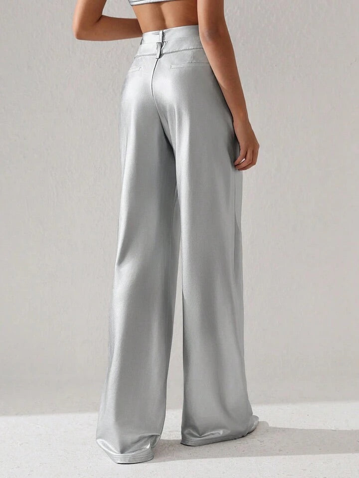 CM-BS714414 Women Elegant Seoul Style Metallic High Waist Wide Leg Pants - Silver