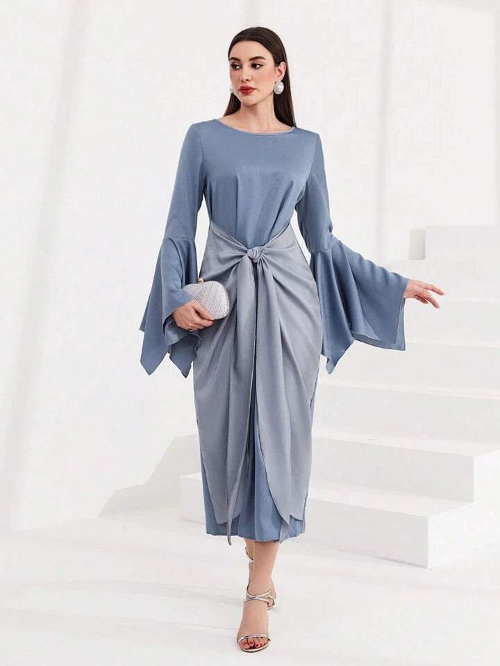 CM-DS044444 Women Elegant Seoul Style Irregular Bell Sleeve Tied Front Dress - Blue