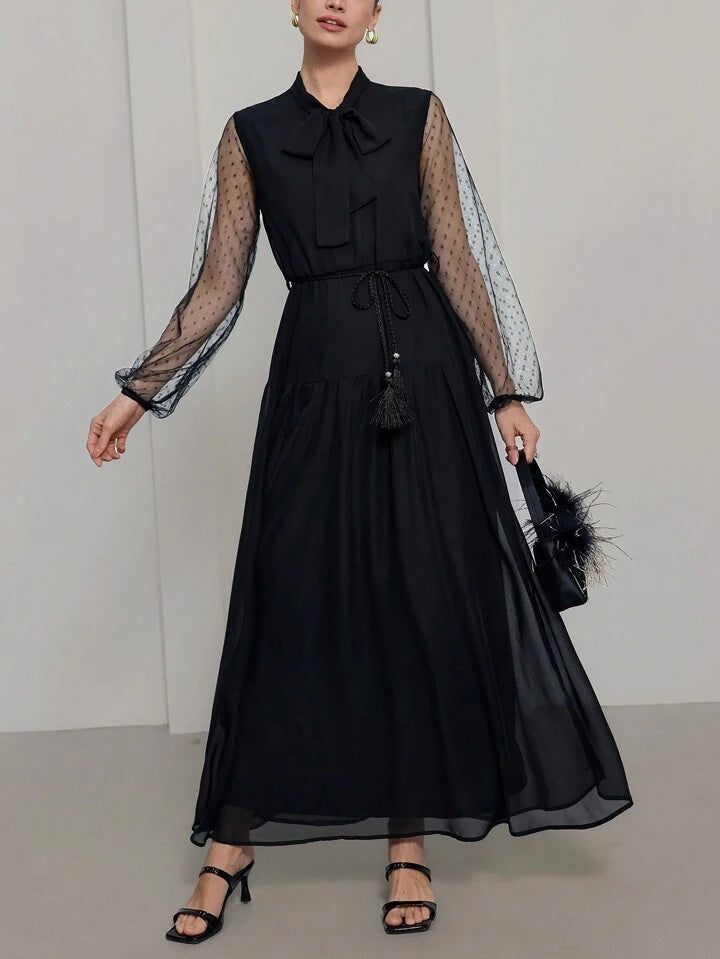 CM-DS100052 Women Elegant Seoul Style Patchwork Polka Dot Mesh Tassel Decor Bow Tie Detail Long Dress