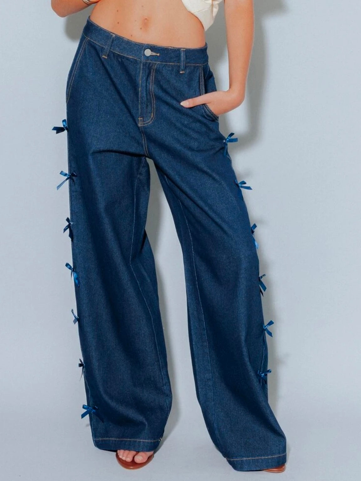 CM-BS004386 Women Casual Seoul Style Dark Wash Mid Waist Bow Detail Wide Leg Jeans