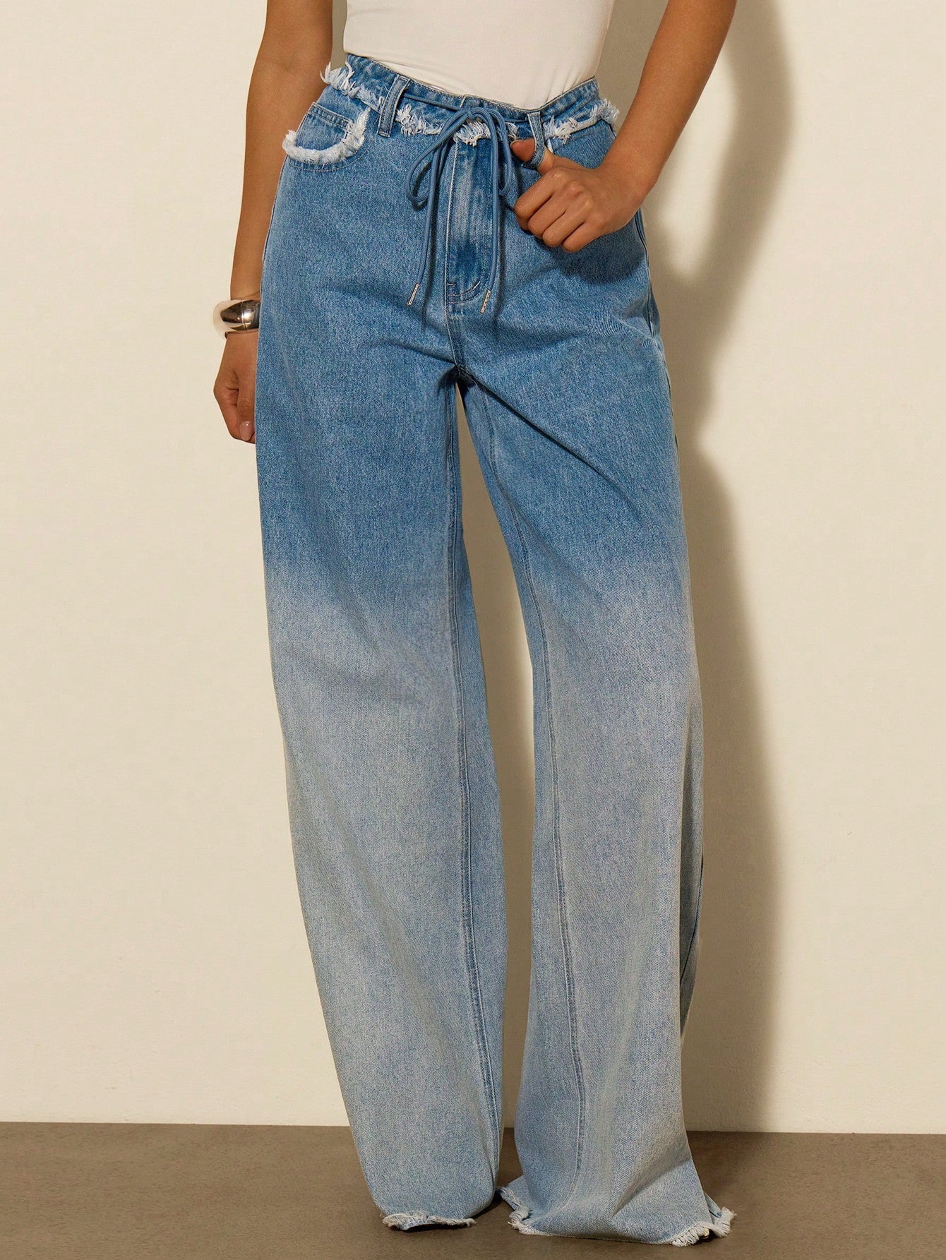 CM-BS410034 Women Casual Seoul Style Low Waist Front Button Pocket Frayed Hem Denim Jeans - Blue
