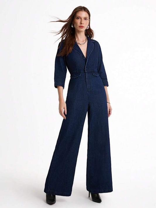 CM-JS431694 Women Casual Seoul Style Dark Wash Lapel Neckline 3/4 Sleeve Denim Flare Jumpsuit