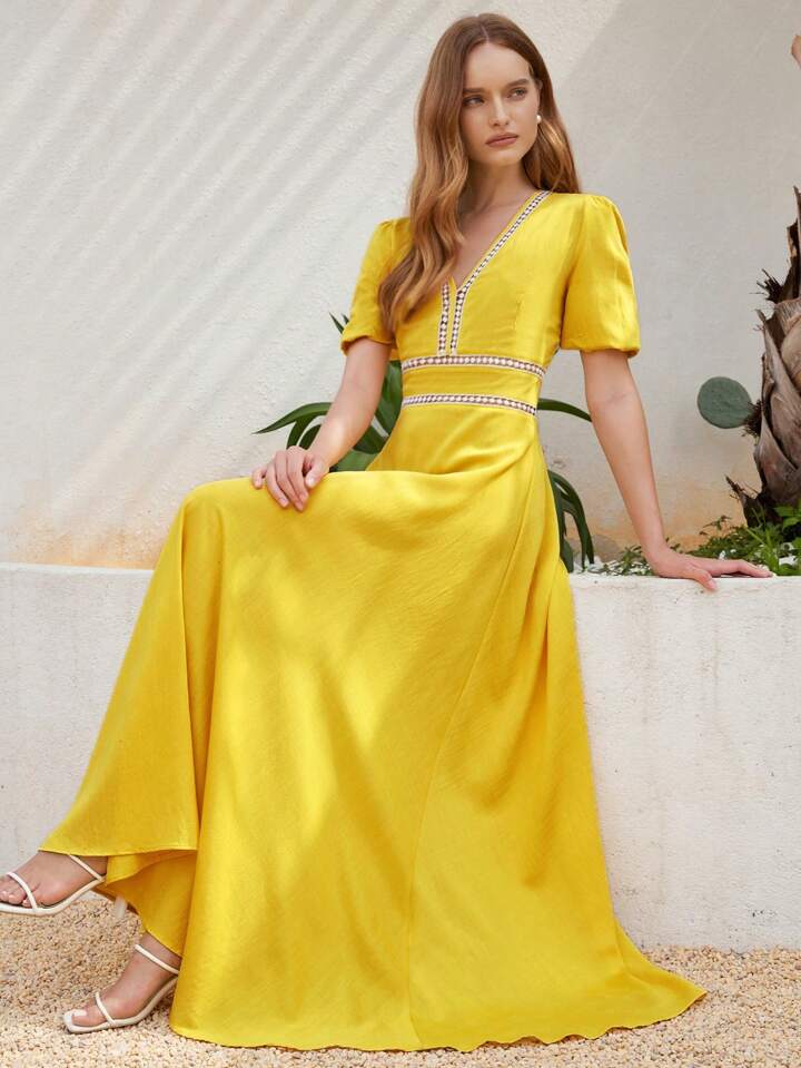 CM-DS142917 Women Elegant Seoul Style Knot V-Neck Patchwork Ruffle Trim Short Sleeve Dress - Yellow