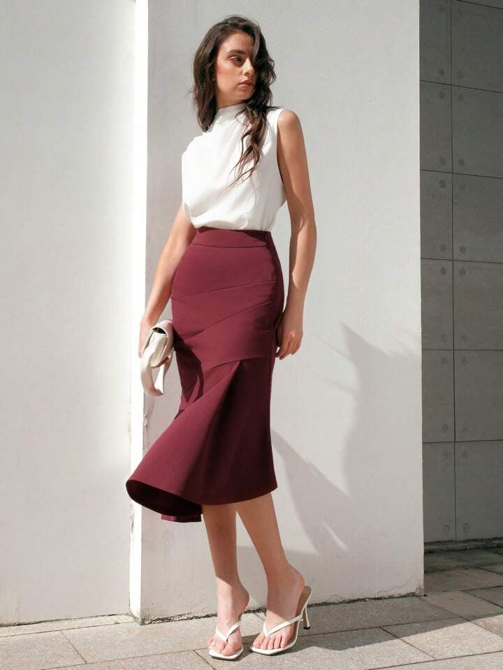 CM-BS574022 Women Elegant Seoul Style High Waist Fish Tail Hem Skirt - Burgundy