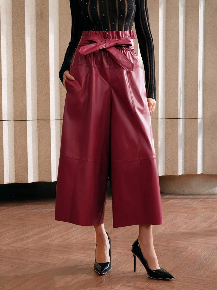 CM-BS309939 Women Elegant Seoul Style High Waist Faux Leather Wide Leg Pants - Red