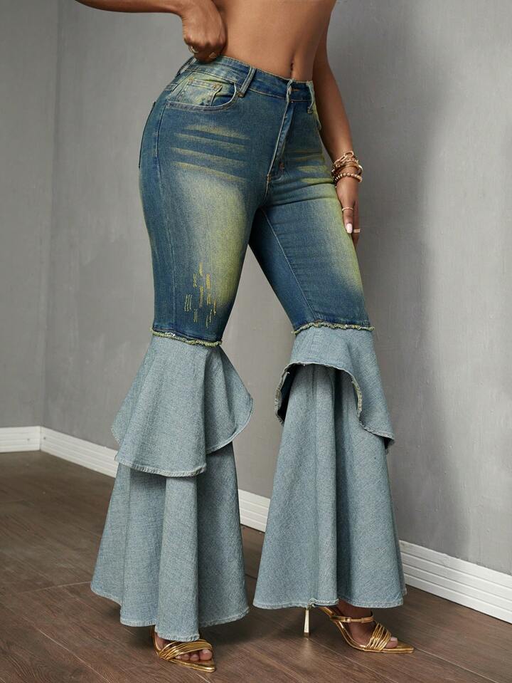 CM-BS271478 Women Casual Seoul Style Dark Wash Double-Layered Ruffle Hem Zip Hem Jeans