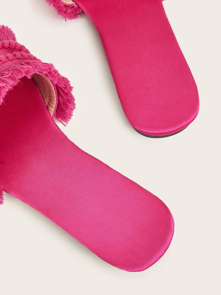CM-SHS568444 Women Trendy Seoul Style Fringe Decor Plain Satin Open Toe Slide Sandals - Pink