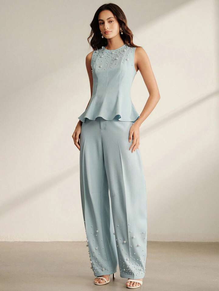 CM-SS517859 Women Elegant Seoul Style Round Neck Sleeveless Beaded Ruffle Hem Blouse With Tapered Trousers - Set