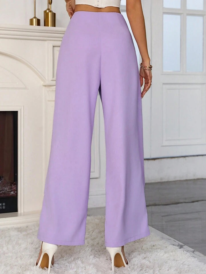 CM-BS866349 Women Casual Seoul Style Heart Shaped Ring Decor Wide Leg Pants - Purple