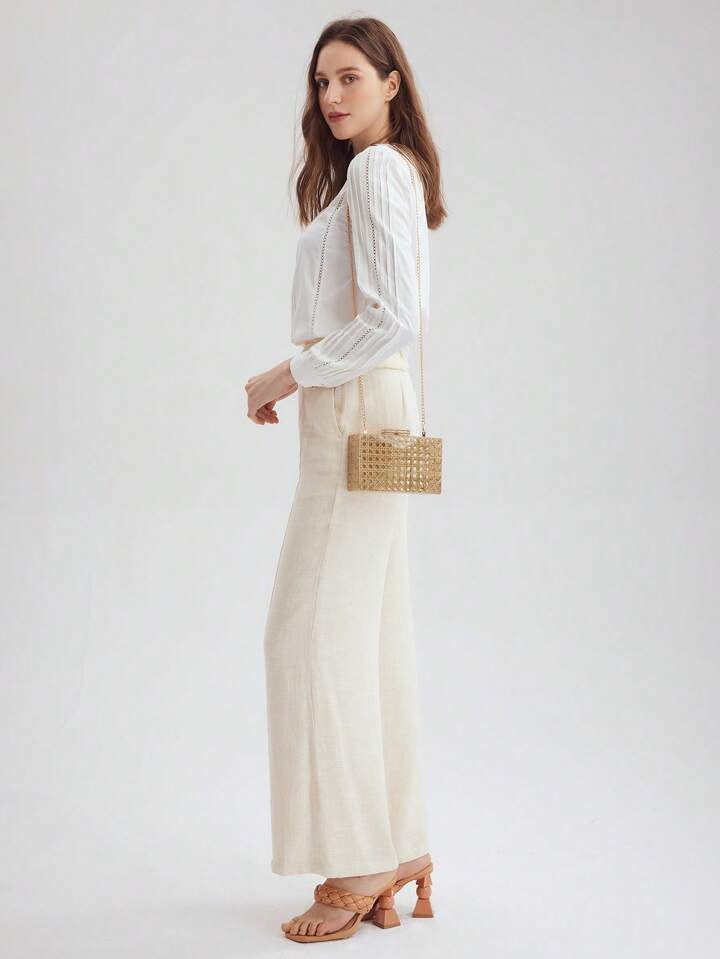CM-BGS001342 Women Trendy Seoul Style Geometric Cutout Rattan Shoulder Bag - Apricot