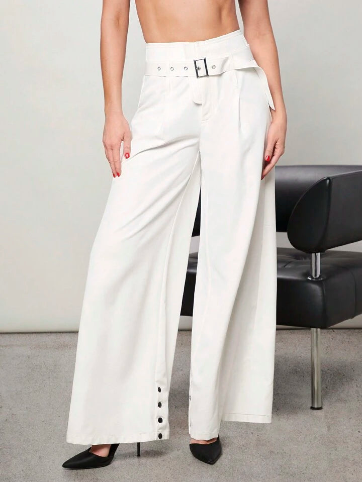 CM-BS606488 Women Elegant Seoul Style Button Hem Belted Wide Leg Pants - White