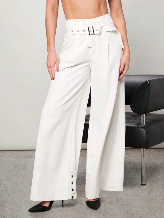 CM-BS606488 Women Elegant Seoul Style Button Hem Belted Wide Leg Pants - White