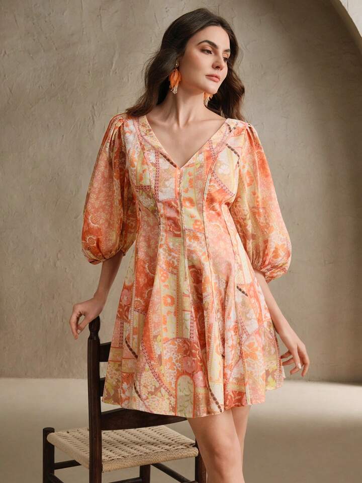 CM-DS483688 Women Trendy Bohemian Style V-Neck Paisley Floral Print Puff Sleeve Linen Short Dress
