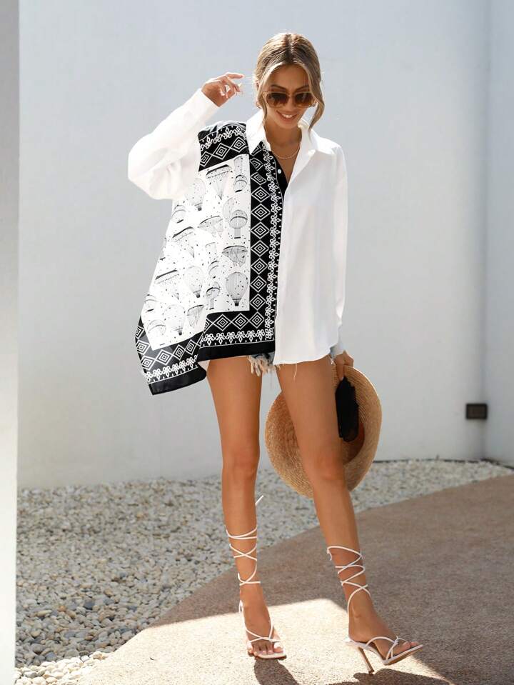 CM-TS848215 Women Trendy Bohemian Style Patchwork Print Long Sleeve Asymmetric Hem Shirt