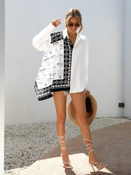 CM-TS848215 Women Trendy Bohemian Style Patchwork Print Long Sleeve Asymmetric Hem Shirt