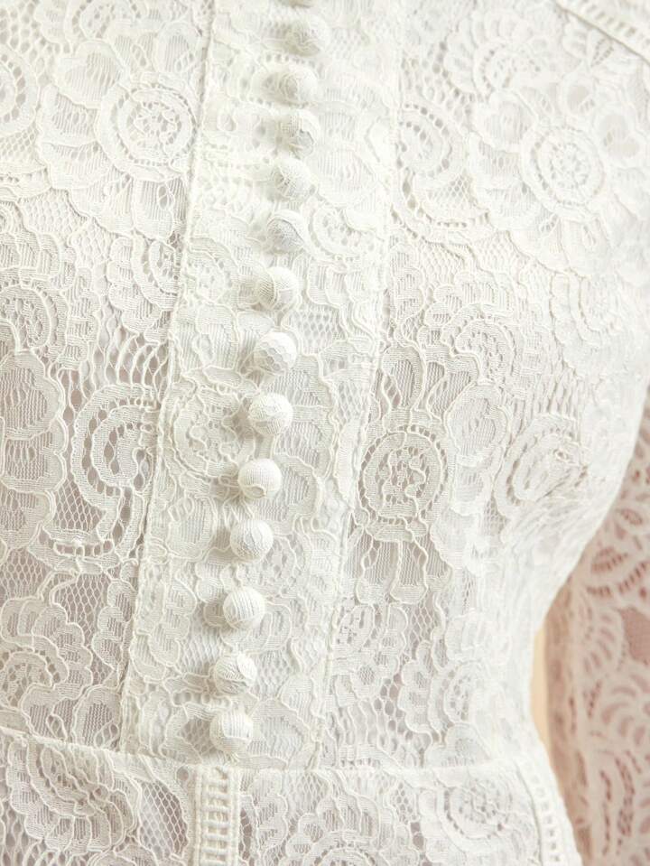 CM-DS287289 Women Elegant Seoul Style Lace Mandarin Collar Long Sleeve A-Line Dress - White