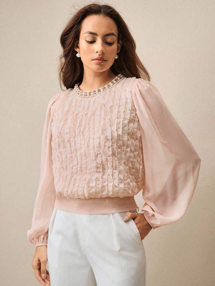 CM-TS386808 Women Elegant Seoul Style Pearl And Rhinestone Embellish Loose Lantern Sleeve Blouse - Pink