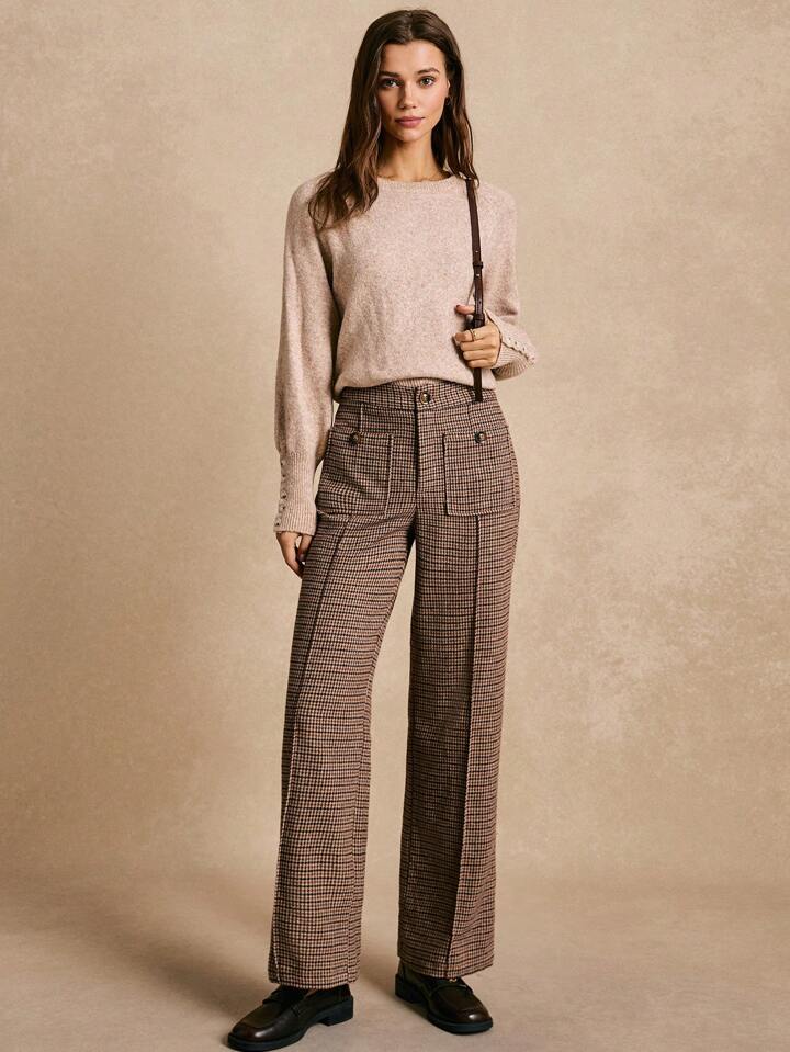 CM-BS058130 Women Casual Seoul Style Front Button Pocket Plaid Casual Pants - Khaki