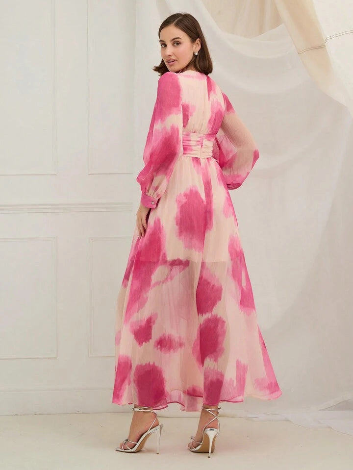 CM-DS202733 Women Elegant Seoul Style V-Neck Front Button Long Sleeve Printing Ruffle Hem Dress - Pink