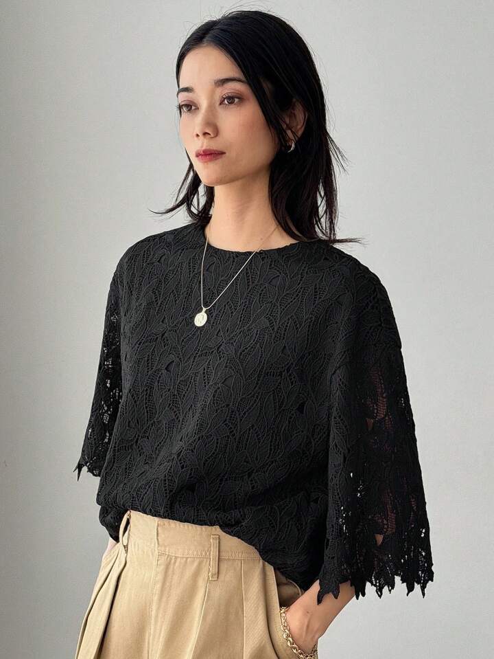 CM-TS404504 Women Elegant Seoul Style Sheer Lace Round Neck Half Sleeve Loose Blouse - Black