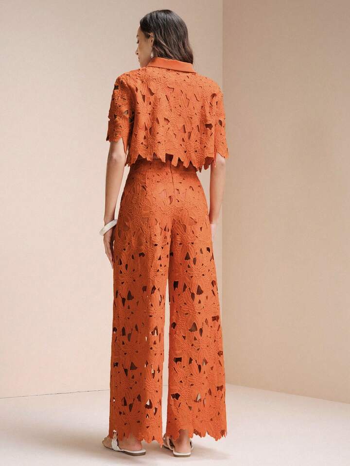 CM-SS712688 Women Trendy Bohemian Style Laser Cut Out Embroidered Short Sleeve Crop Top With Wide Leg Pants - Set
